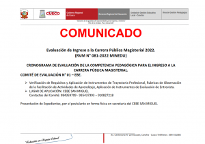 Read more about the article COMUNICADO – CRONOGRAMA DE EVALUACIÓN DE LA COMPETENCIA PEDAGÓGICA PARA EL INGRESO A LA CARRERA PÚBLICA MAGISTERIAL. – COMITÉ DE EVALUACIÓN N° 01 – EBE.