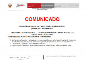 Read more about the article COMUNICADO – CRONOGRAMA DE EVALUACIÓN DE LA COMPETENCIA PEDAGÓGICA PARA EL INGRESO A LA CARRERA PÚBLICA MAGISTERIAL. – COMITÉ DE EVALUACIÓN N° 09 CUNA JARDIN MANUEL PRADO