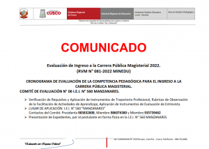 Read more about the article COMUNICADO – CRONOGRAMA DE EVALUACIÓN DE LA COMPETENCIA PEDAGÓGICA PARA EL INGRESO A LA CARRERA PÚBLICA MAGISTERIAL. – COMITÉ DE EVALUACIÓN N° 06 I.E.I. N° 560 MANZANARES.