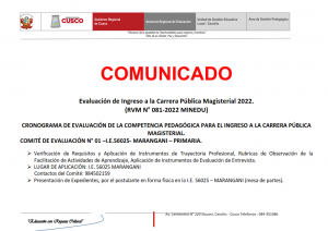 Read more about the article COMUNICADO – CRONOGRAMA DE EVALUACIÓN DE LA COMPETENCIA PEDAGÓGICA PARA EL INGRESO A LA CARRERA PÚBLICA MAGISTERIAL. – COMITÉ DE EVALUACIÓN N° 01 –I.E.56025- MARANGANI – PRIMARIA.