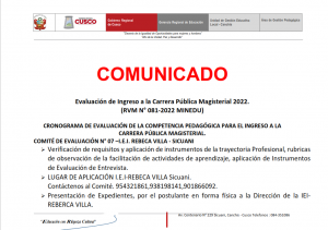 Read more about the article COMUNICADO – CRONOGRAMA DE EVALUACIÓN DE LA COMPETENCIA PEDAGÓGICA PARA EL INGRESO A LA CARRERA PÚBLICA MAGISTERIAL. –  COMITÉ DE EVALUACIÓN N° 07 –I.E.I. REBECA VILLA – SICUANI