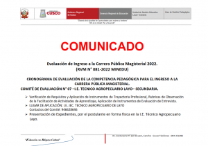 Read more about the article COMUNICADO – CRONOGRAMA DE EVALUACIÓN DE LA COMPETENCIA PEDAGÓGICA PARA EL INGRESO A LA CARRERA PÚBLICA MAGISTERIAL. COMITÉ DE EVALUACIÓN N° 07 –I.E. TECNICO AGROPECUARIO LAYO– SECUNDARIA.