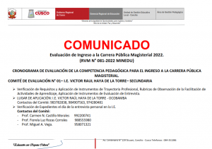 Read more about the article COMUNICADO – CRONOGRAMA DE EVALUACIÓN DE LA COMPETENCIA PEDAGÓGICA PARA EL INGRESO A LA CARRERA PÚBLICA MAGISTERIAL. – COMITÉ DE EVALUACIÓN N° 01– I.E. VICTOR RAUL HAYA DE LA TORRE– SECUNDARIA