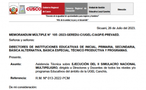 Read more about the article Asistencia Técnica sobre EJECUCIÓN DEL II SIMULACRO NACIONAL MULTIPELIGRO, dirigido a Directores y Docentes de todos los niveles y/o programas Educativos del ámbito de la UGEL Canchis.