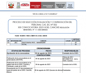 Read more about the article PROCESO DE SELECCIÓN EVALUACIÓN Y CONTRATACIÓN DEL PERSONAL CAS JEC N° 002 XIII CONVOCATORIA 2023 UGEL CANCHIS RESOLUCIÓN MINISTERIAL N° 111-2023-MINEDU