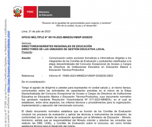 Read more about the article Comunicación sobre acciones formativas e informativas dirigidas a los integrantes de los Comités de Evaluación y postulantes clasificados a la etapa descentralizada del Concurso Excepcional de Acceso a Cargosde Directivos de Instituciones Educativa en Educación Básica o Educación Técnica-Productiva